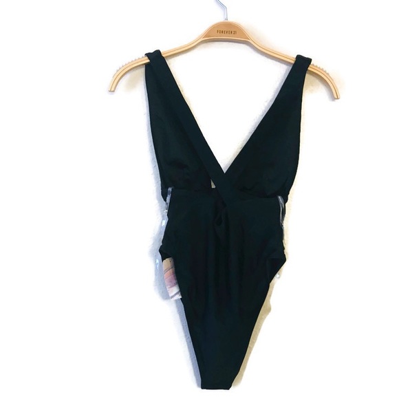 New Black Deep Plunge One Piece Swim Swimsuit - Picture 3 of 4